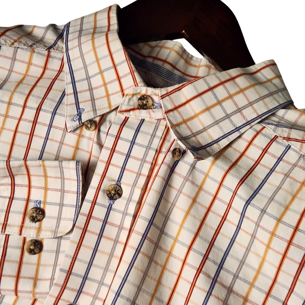 Ariat‎ Button Down Shirt Mens XL White Orange Blue Plaid Long Sleeve Western